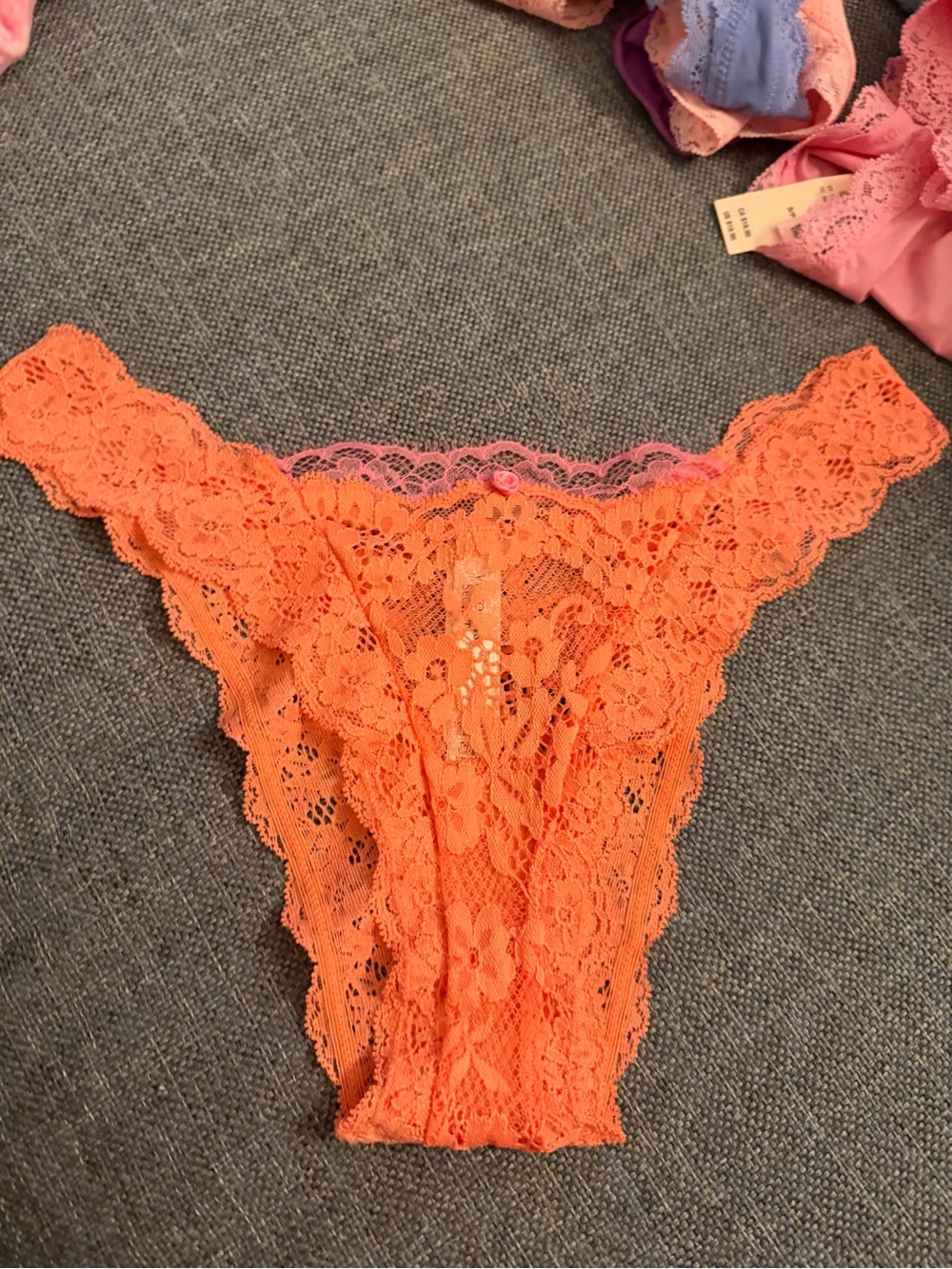 Victoria's Secret Orange Lace Brazilian dream angel  with Pink Trim